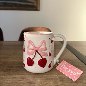 NWT: Sheffield Home,VIRAL Valentines Day Red Heart Cherry and Pink Bows Mug🎀🍒